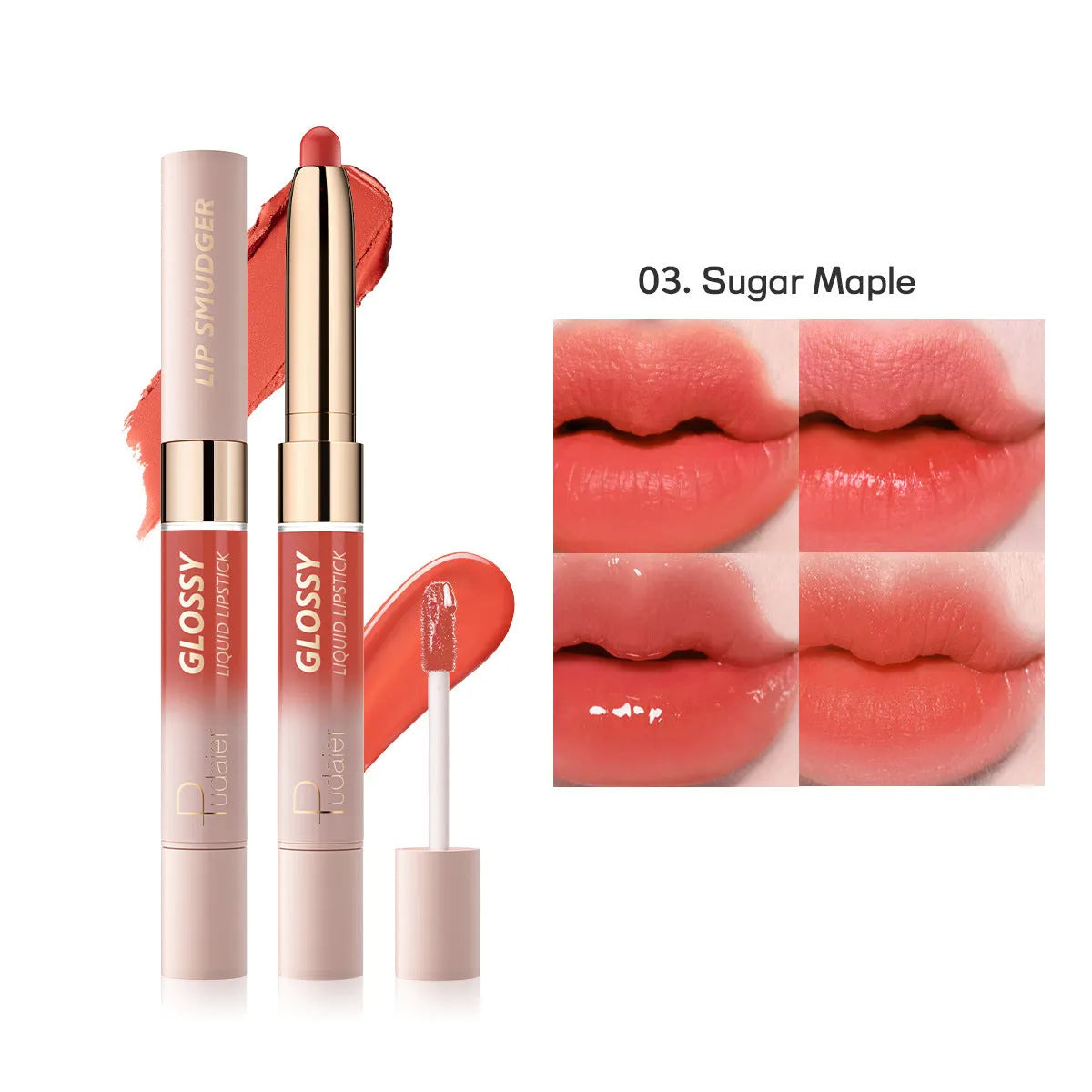 Double-headed lipstick with matte finish showing ten colour options from 01 to 10
