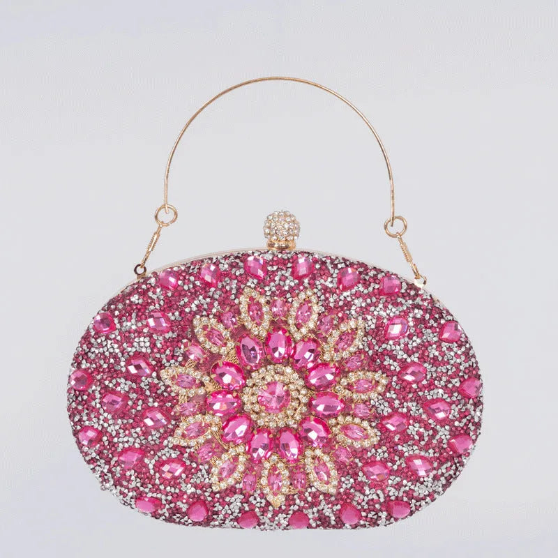 Gold hardware and rhinestone banquet handbag with structured retro design measuring 20cm wide