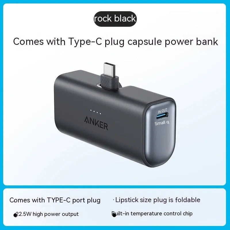 Small capsule-shaped power bank in multiple colours showing USB-C port and compact size.