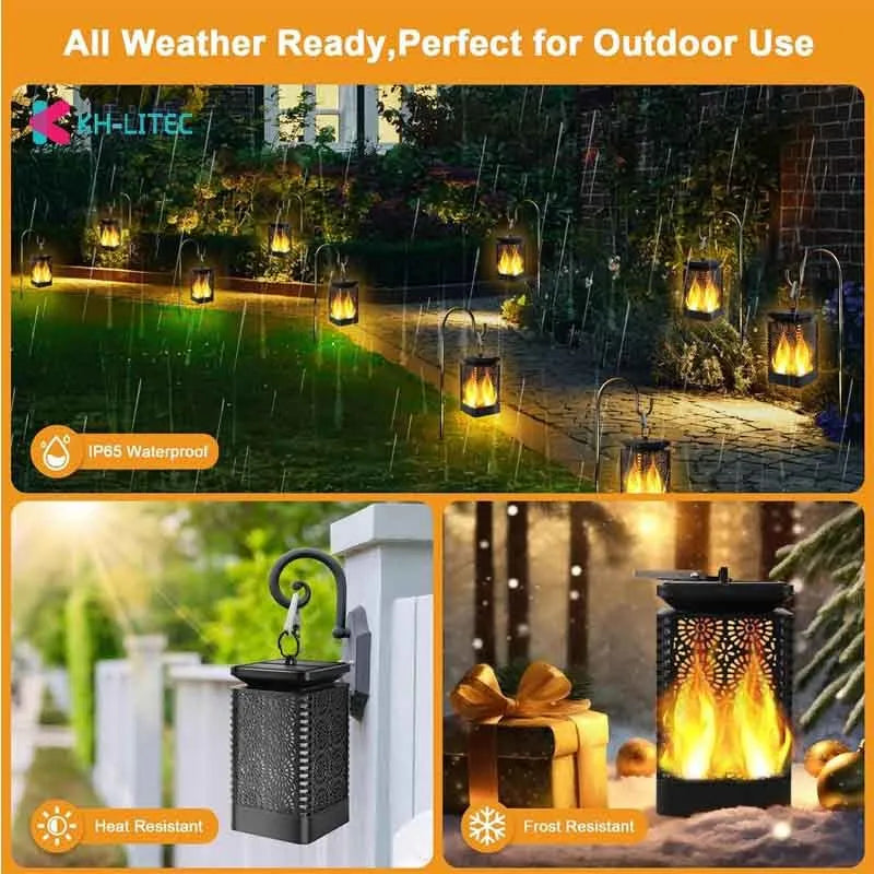 Set of four black solar-powered garden lanterns with flickering LED flame effect.