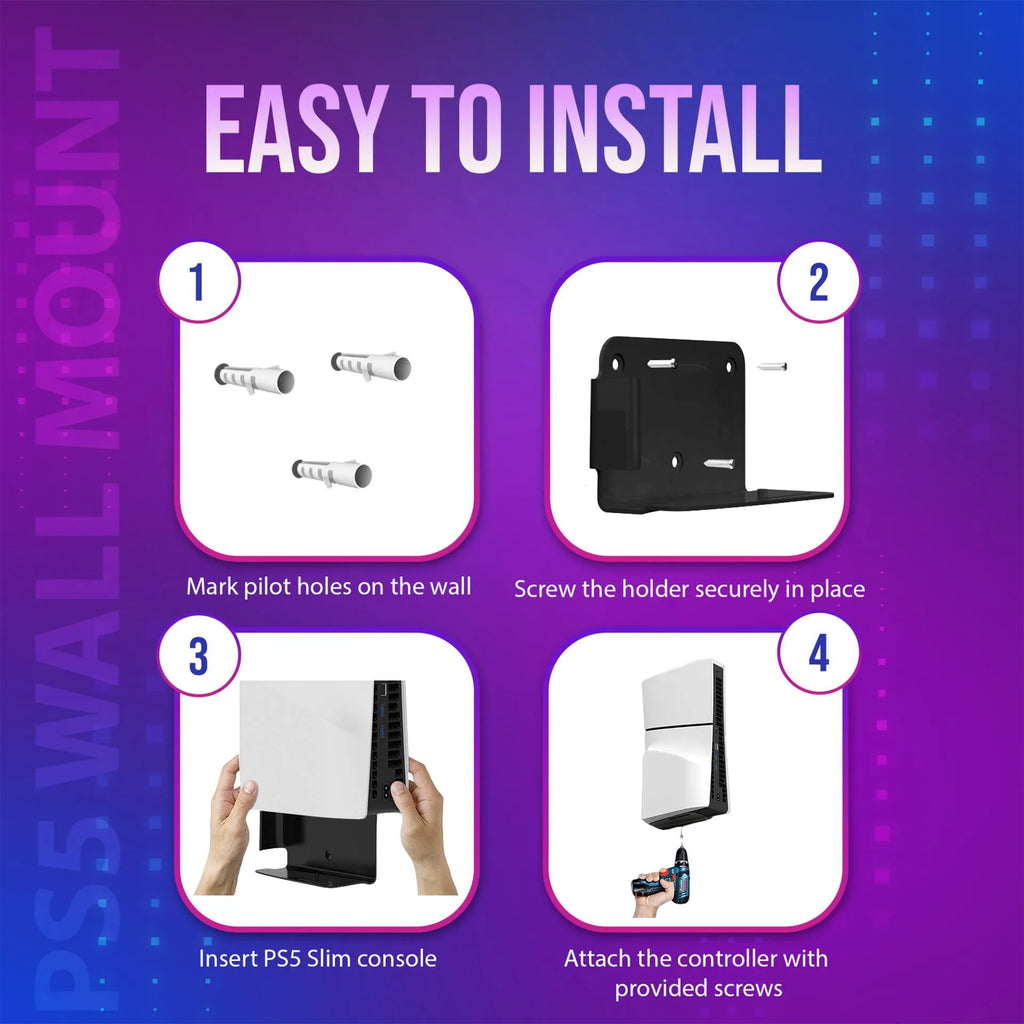 Aluminium alloy wall mount bracket for PS5 Slim console, black or white, 162mm x 100mm x 75mm, with screws and plugs.