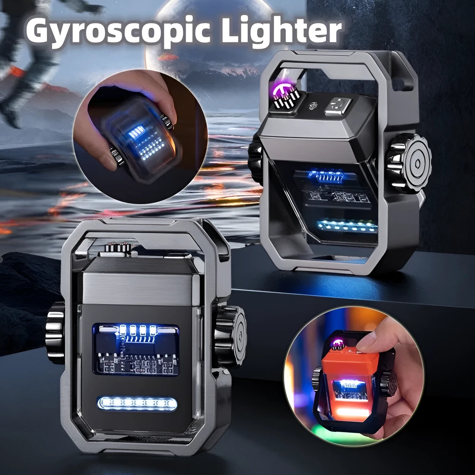 Blue zinc alloy electric arc lighter with a spinning mechanical gyroscope on a black background.
