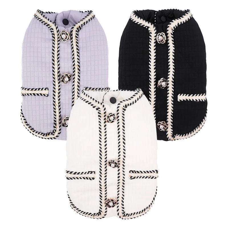 Cartoon print quilted dog coat in light purple colour for winter warmth
