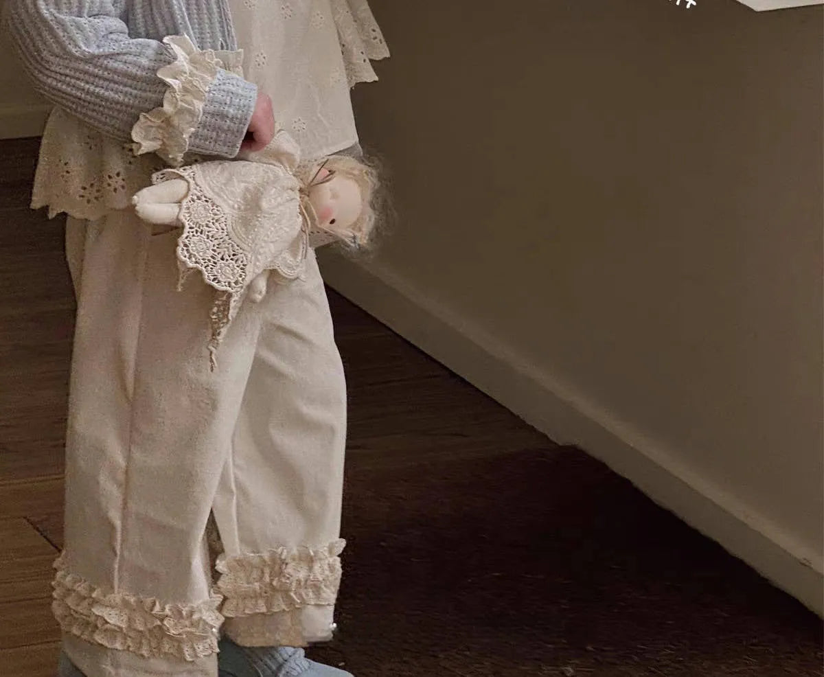 Girls mori style three-piece suit with knitted cardigan beige shirt and wide-leg cake pants in cotton