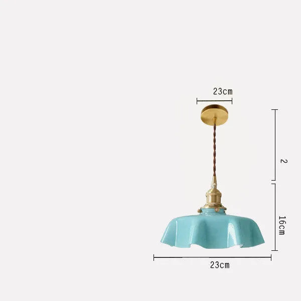 Medieval cream glass chandelier with brass flower bud design, shown with adjustable cord.