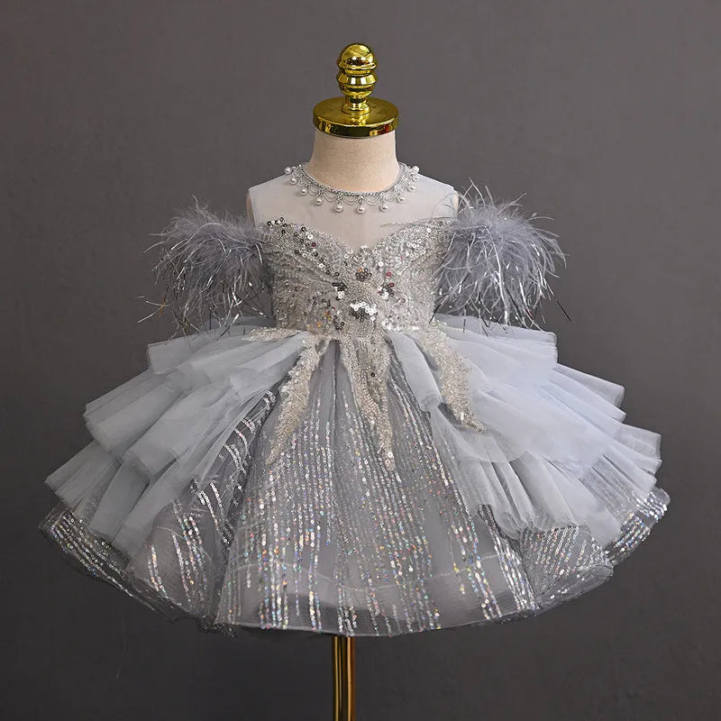 Light grey tulle tutu flower girl dress in polyester with princess element, sizes 80cm to 150cm