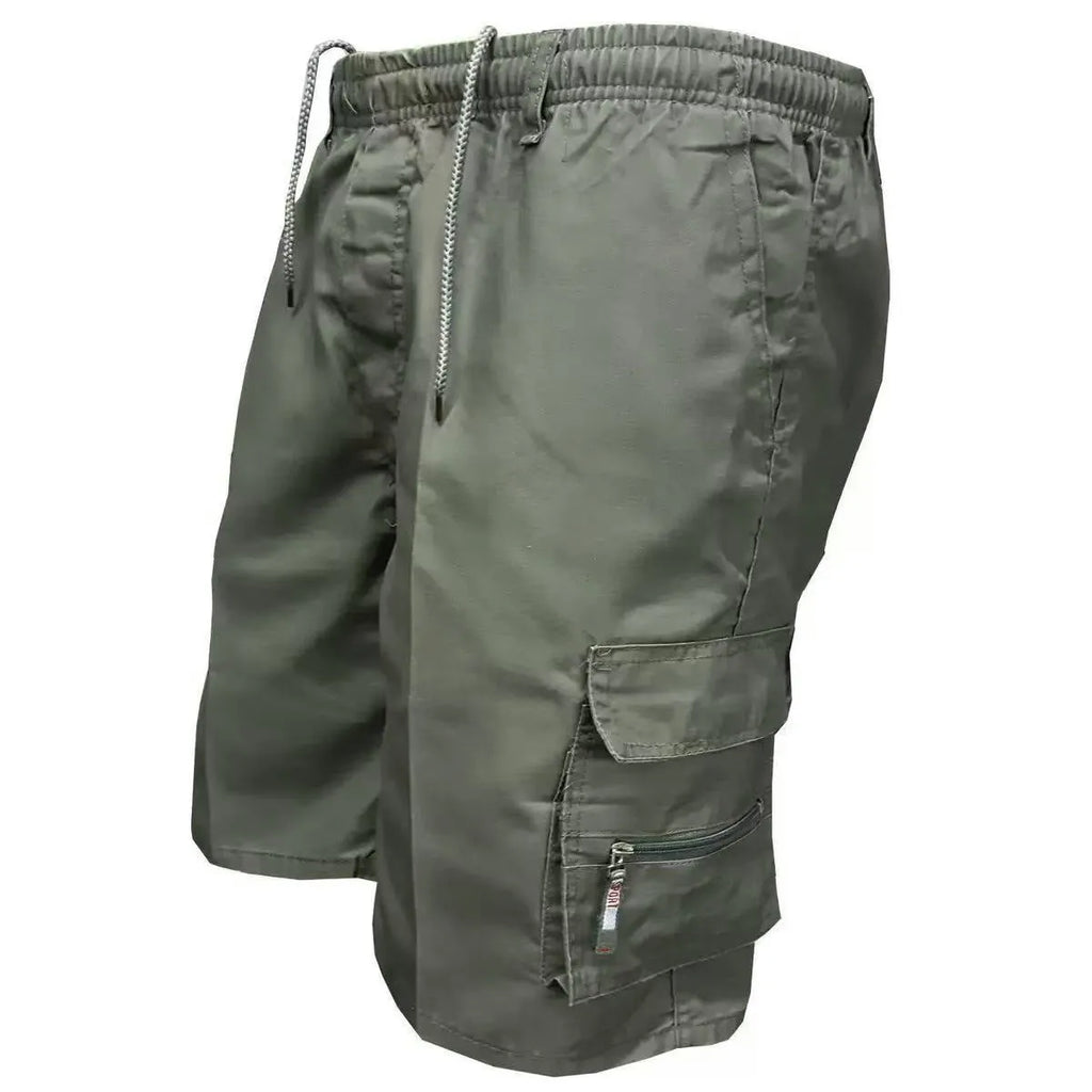 Men's loose fit casual work pants in polyester fabric showing available colour options including camouflage and neutral tones
