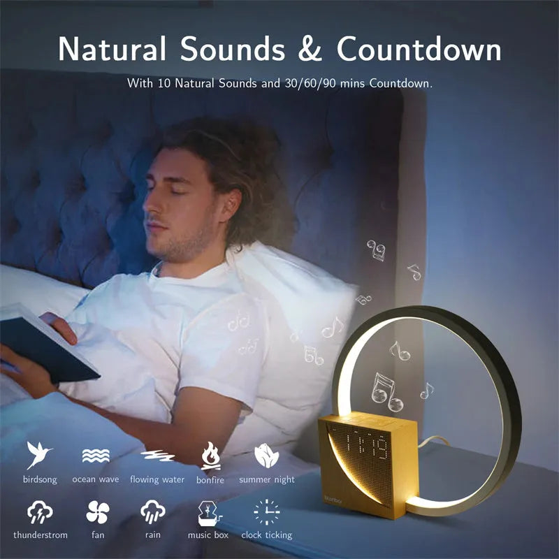 Multifunctional bedside table lamp with digital alarm clock display and touch controls for brightness and natural sounds