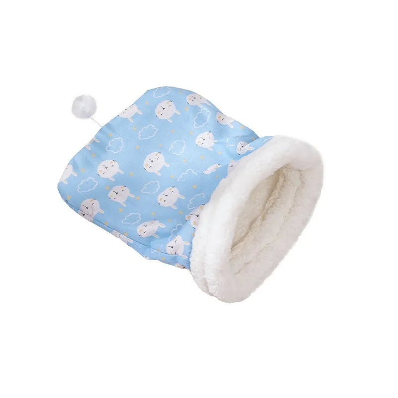 Pink flannel sleeping bag nest for cats, measuring 50cm by 40cm, on a grey background.