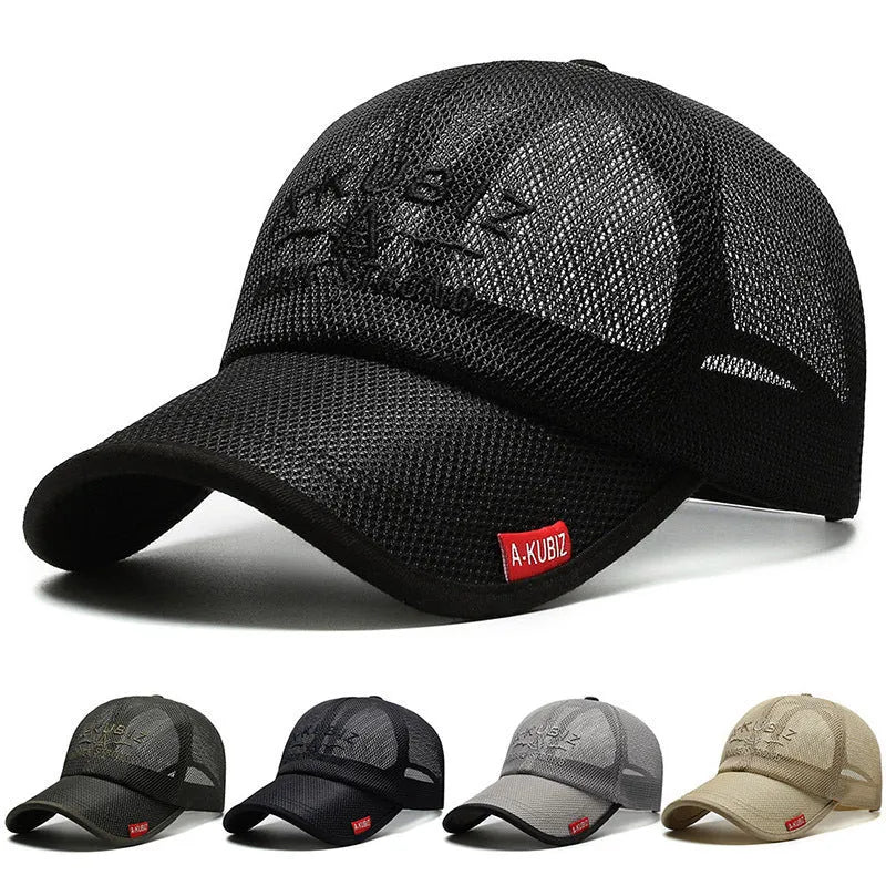 Men's adjustable mesh baseball cap in army green with a dome crown, shown on a solid background.