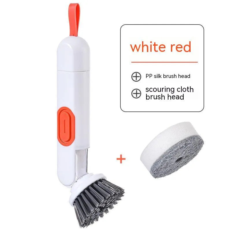 White and green liquid-filled cleaning brush with soap dispenser handle and two brush heads for kitchen cleaning