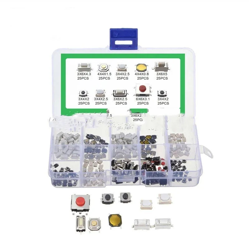 250 piece set of SMT surface mount car patch button touch switches in box packaging