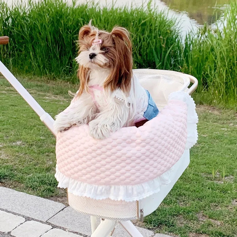 Pure cotton pet stroller three-piece set showing removable anti-dirty towel, cushion, and pillow in a floral pattern.
