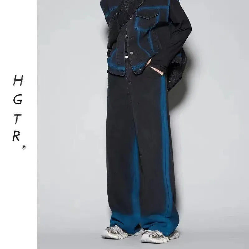 Distressed blue vest and jeans two-piece suit with spray colour gradient and fleece lining
