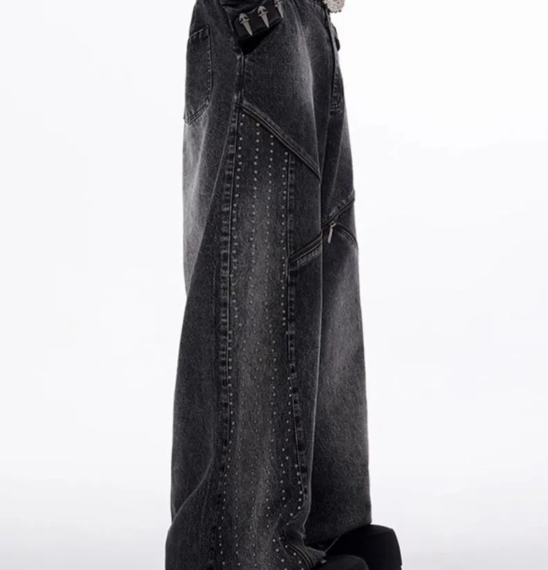 Korean style wide leg trousers and matching waistcoat set in black and grey washed denim fabric