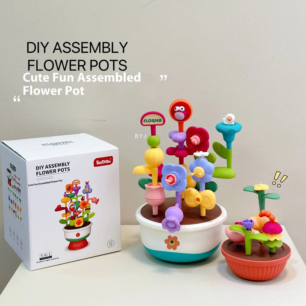 Children's plastic flowerpot building blocks set in colour box packaging for creative garden assembly toy