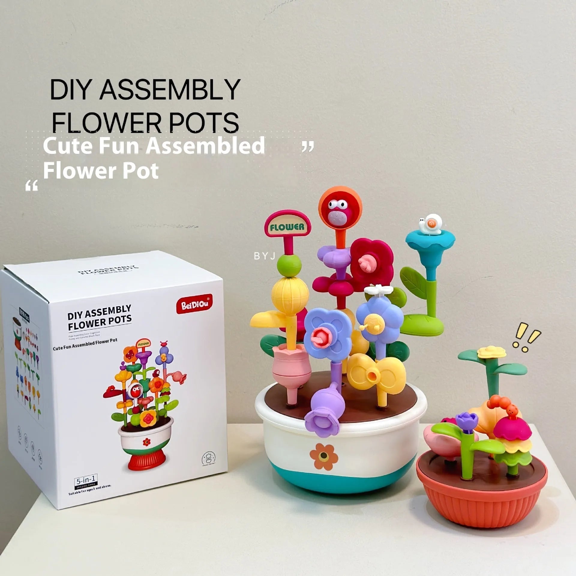 Children's plastic flowerpot building blocks set in colour box packaging for creative garden assembly toy