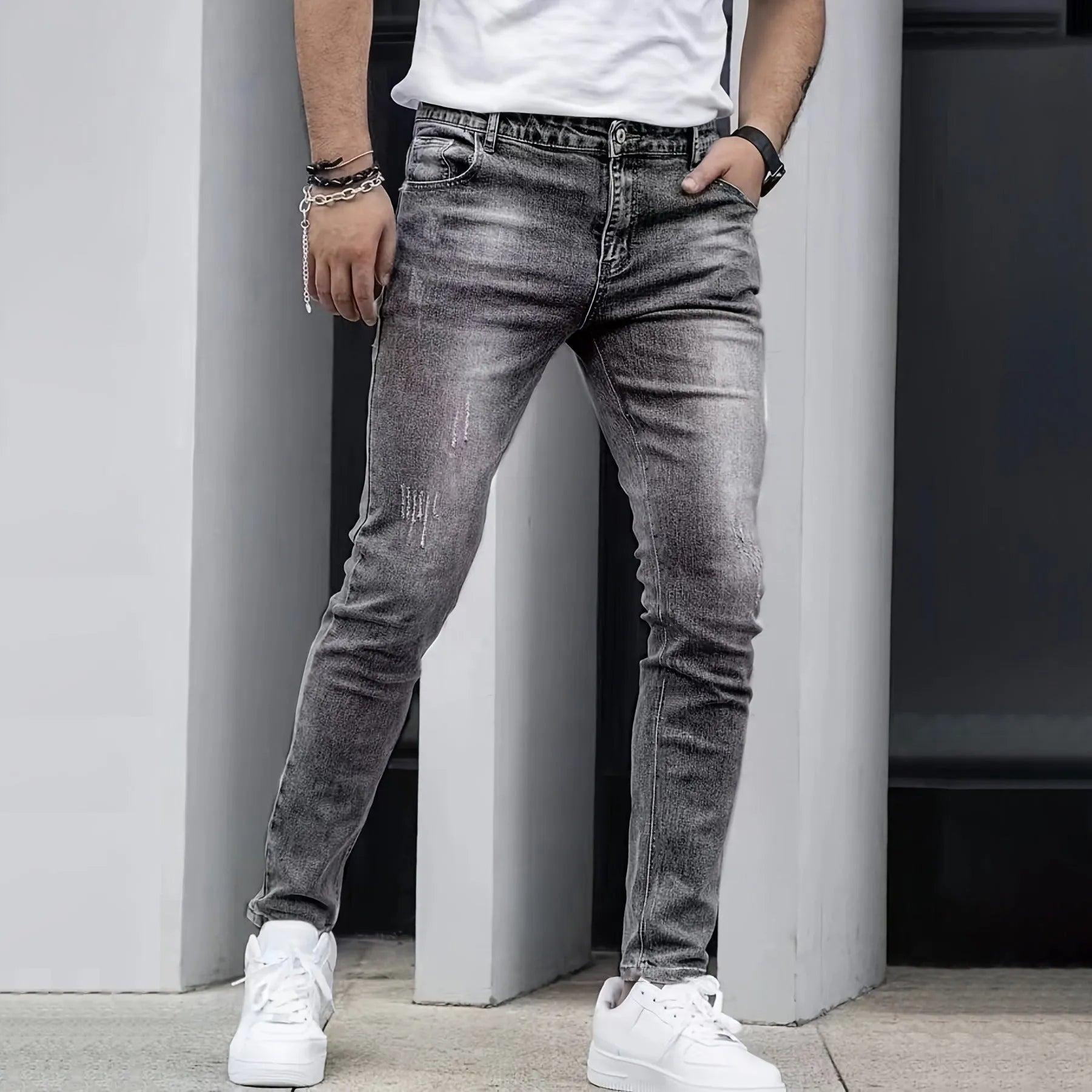 Men's straight leg stretch jeans in black, dark blue, and gray colours with skinny open leg style