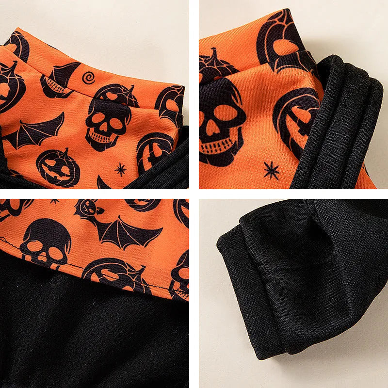 Halloween pet dog costume in polyester with creative print, available in two colours and sizes XS to XL.