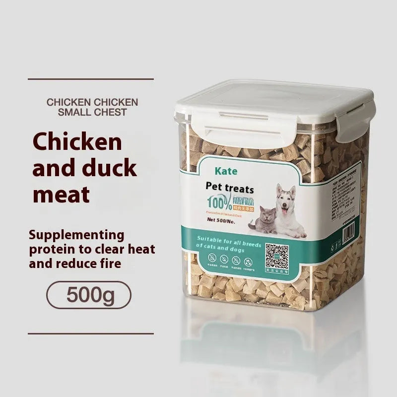 500g freeze-dried chicken cat treats in resealable bag or storage tin options