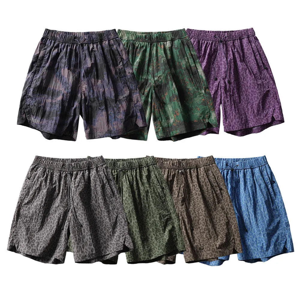 Summer loose leopard print men's cotton blend casual shorts with elastic waist in army green