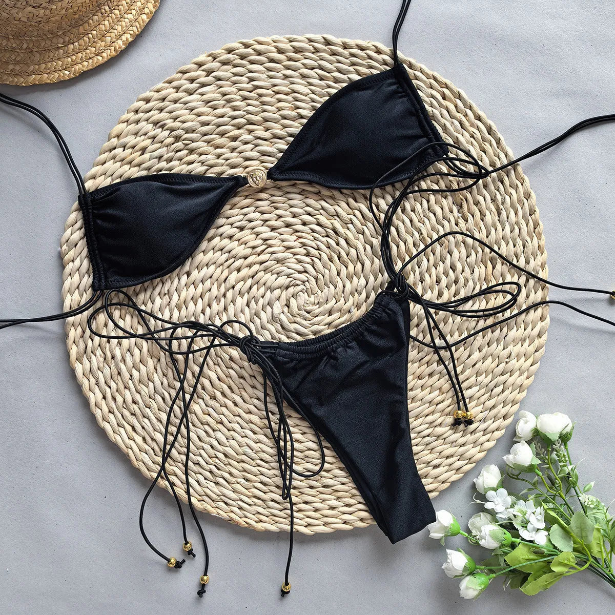 Women's two-piece bikini set in nylon with spandex lining, sizes S M L, light black or pink