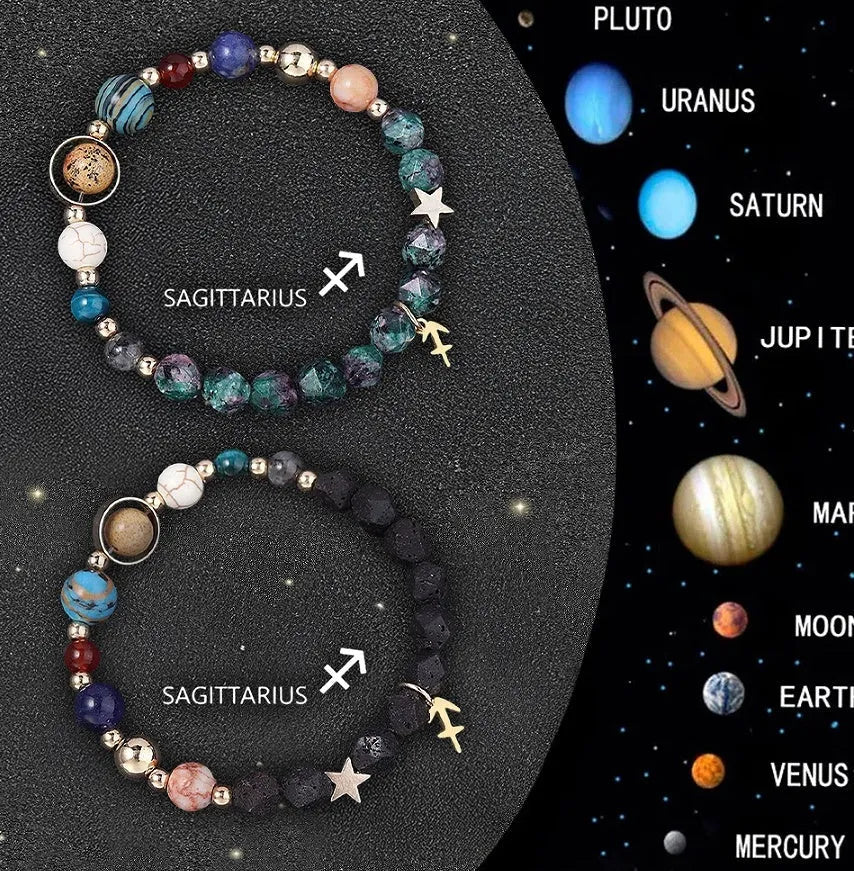 Two adjustable natural stone bead bracelets with lobster clasps on a wrist, showing zodiac charm details.