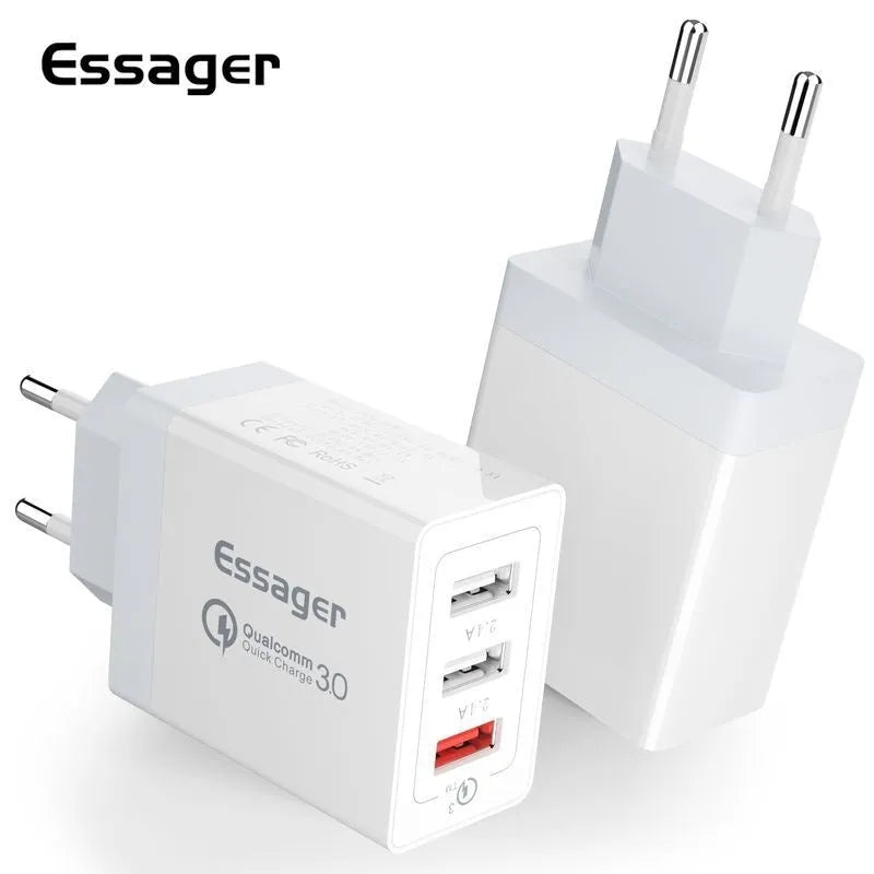 Three-port USB fast charge 30W QC3.0 mobile phone charger in white with EU plug