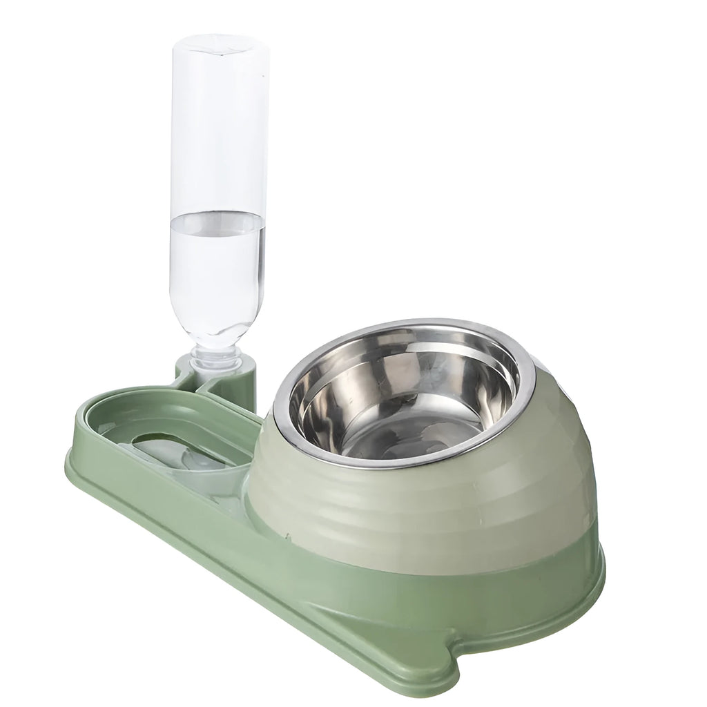 Brown elevated cat food bowl with attached water bottle dispenser on a white background.