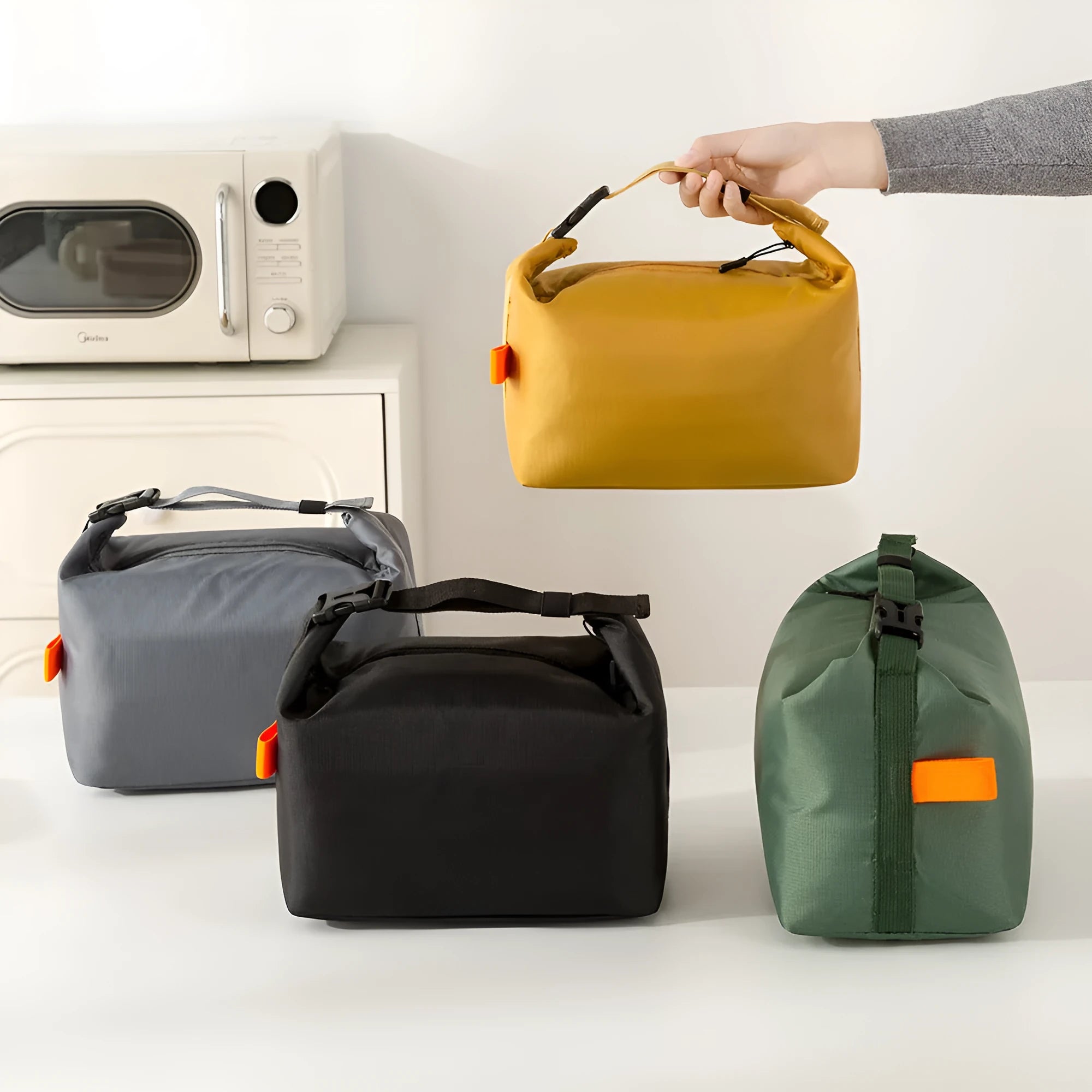Japanese style insulated storage bag in oxford cloth, shown in army green colour.
