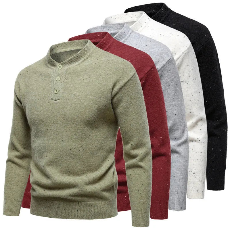 Men's Henry stand collar snowflake dot pattern sweater in black with batwing sleeves and ribbed hem