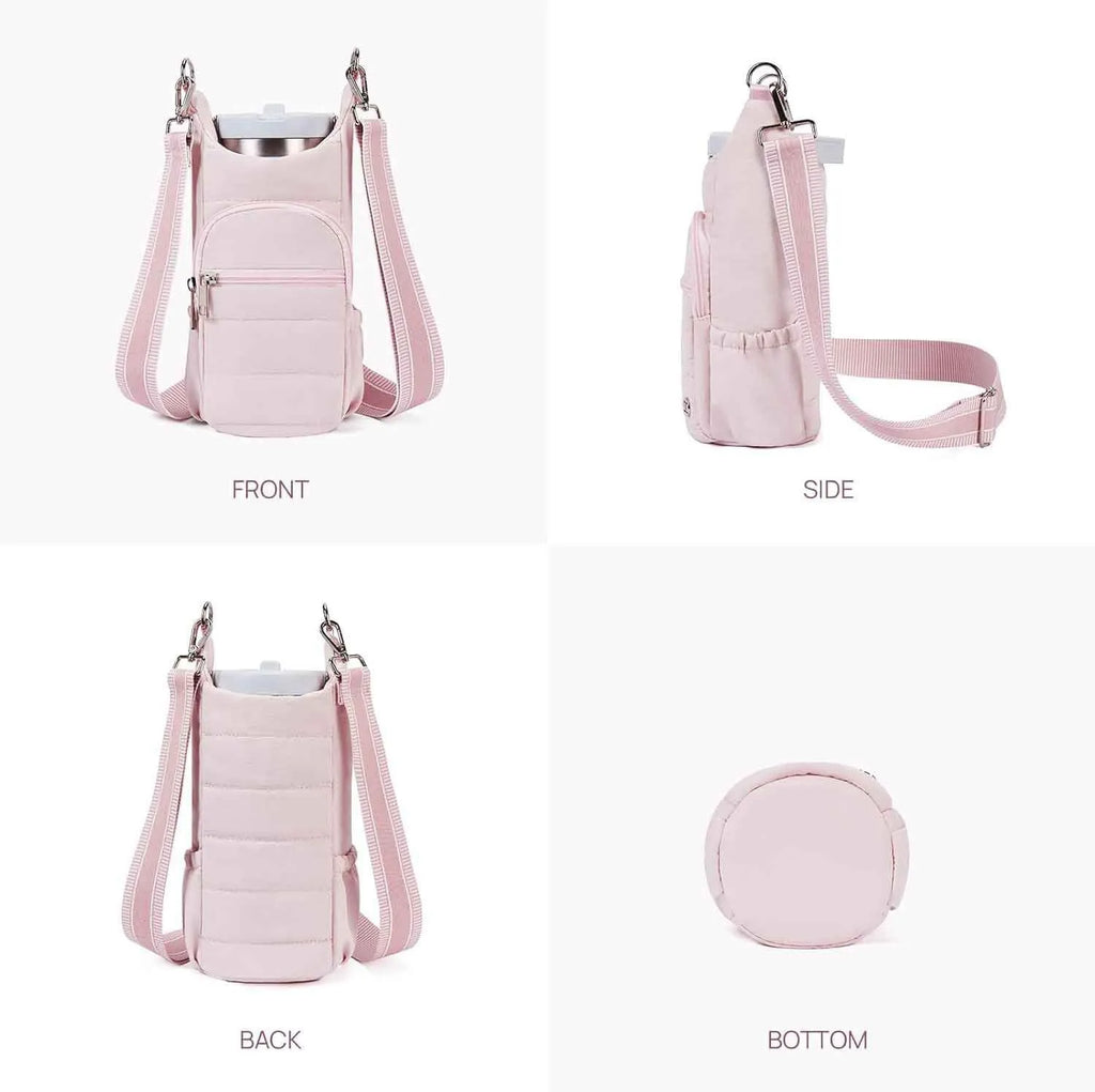 Cloth bicycle water bottle bag in modern minimalist style showing black, pink and beige colour options