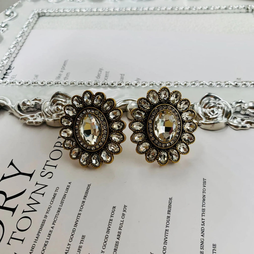 Western retro full inlaid earrings electroplated mixed material drop and geometric design for women