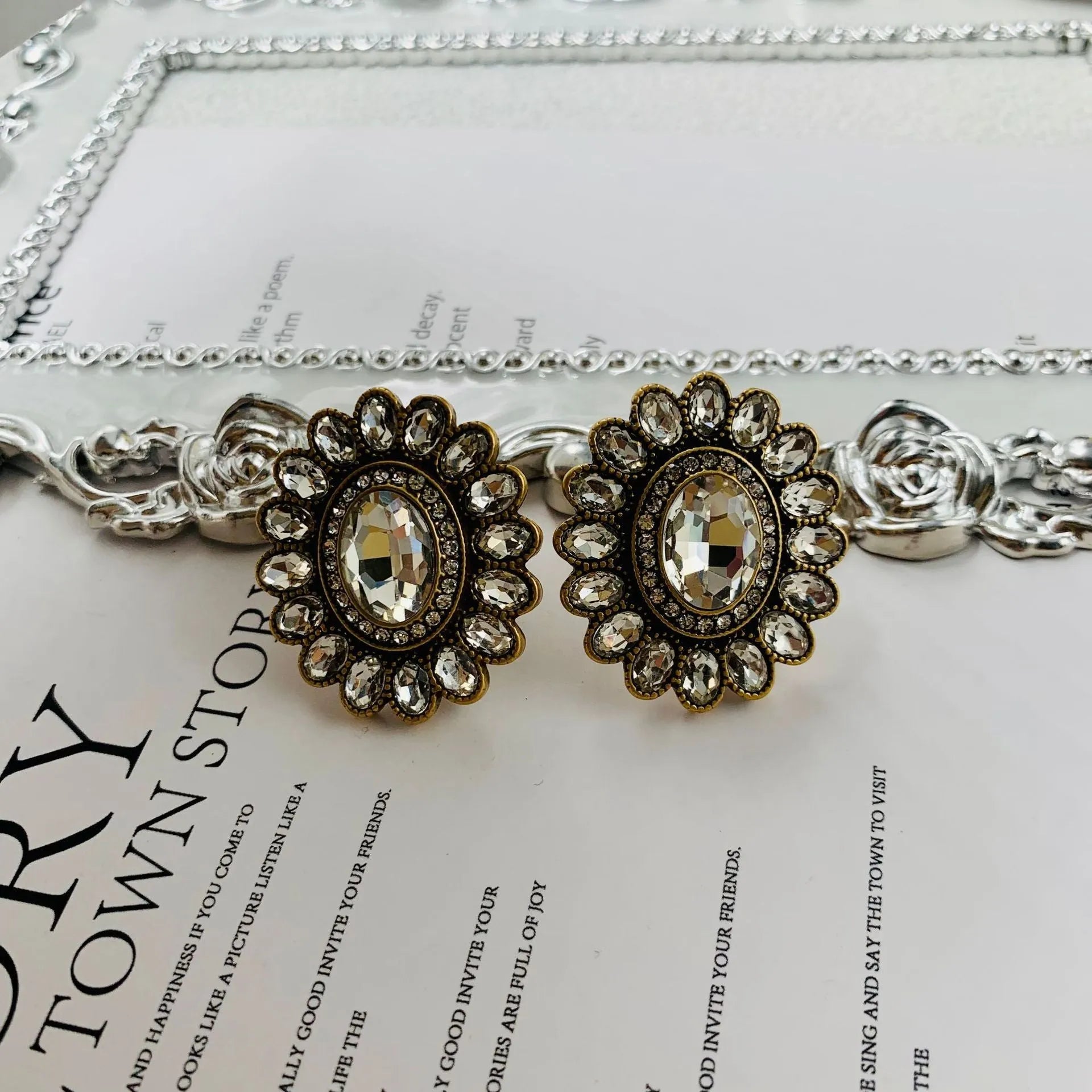 Western retro full inlaid earrings electroplated mixed material drop and geometric design for women