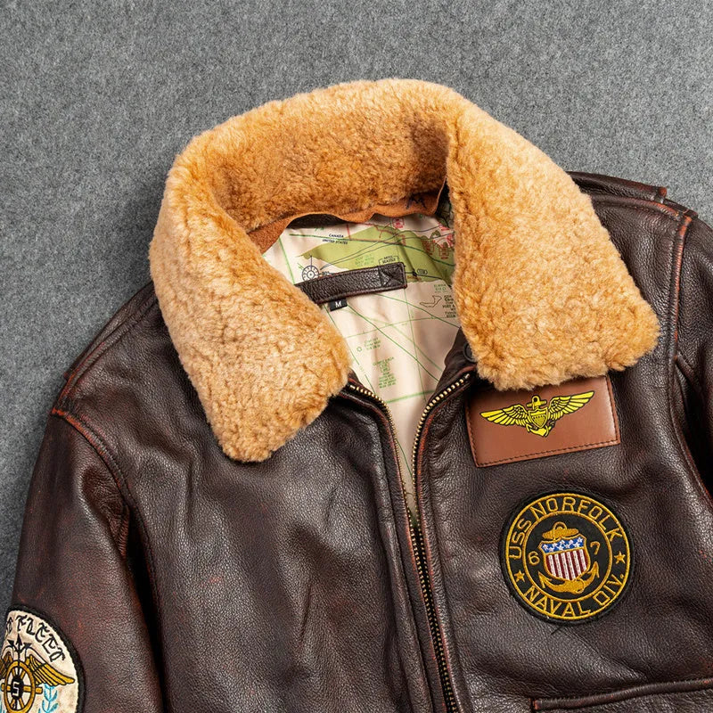 Men's genuine first layer cowhide G1 motorcycle jacket in dark brown with detachable collar and ribbed hem