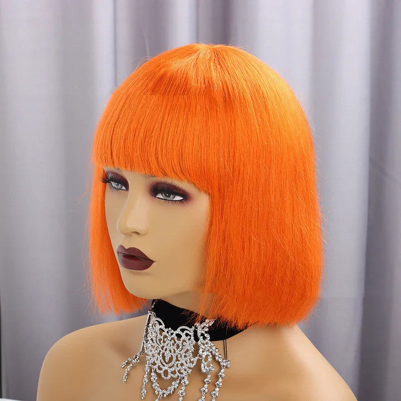 Real hair full bangs headgear wig in short straight style, 10 inches, Qi bangs, mechanised construction