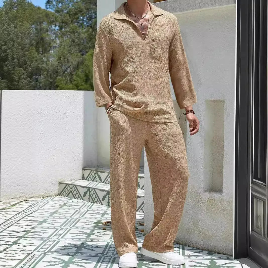 Men's casual shirt and trousers suit set in lake blue, khaki, black, or caramel colour.