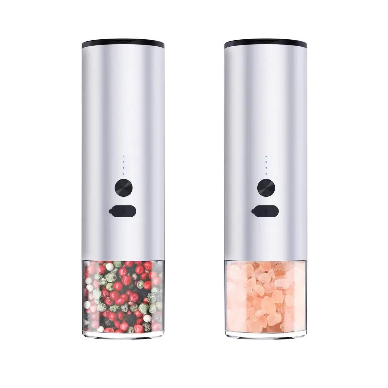 White and black electric salt and pepper grinders with USB port and clear glass jars.
