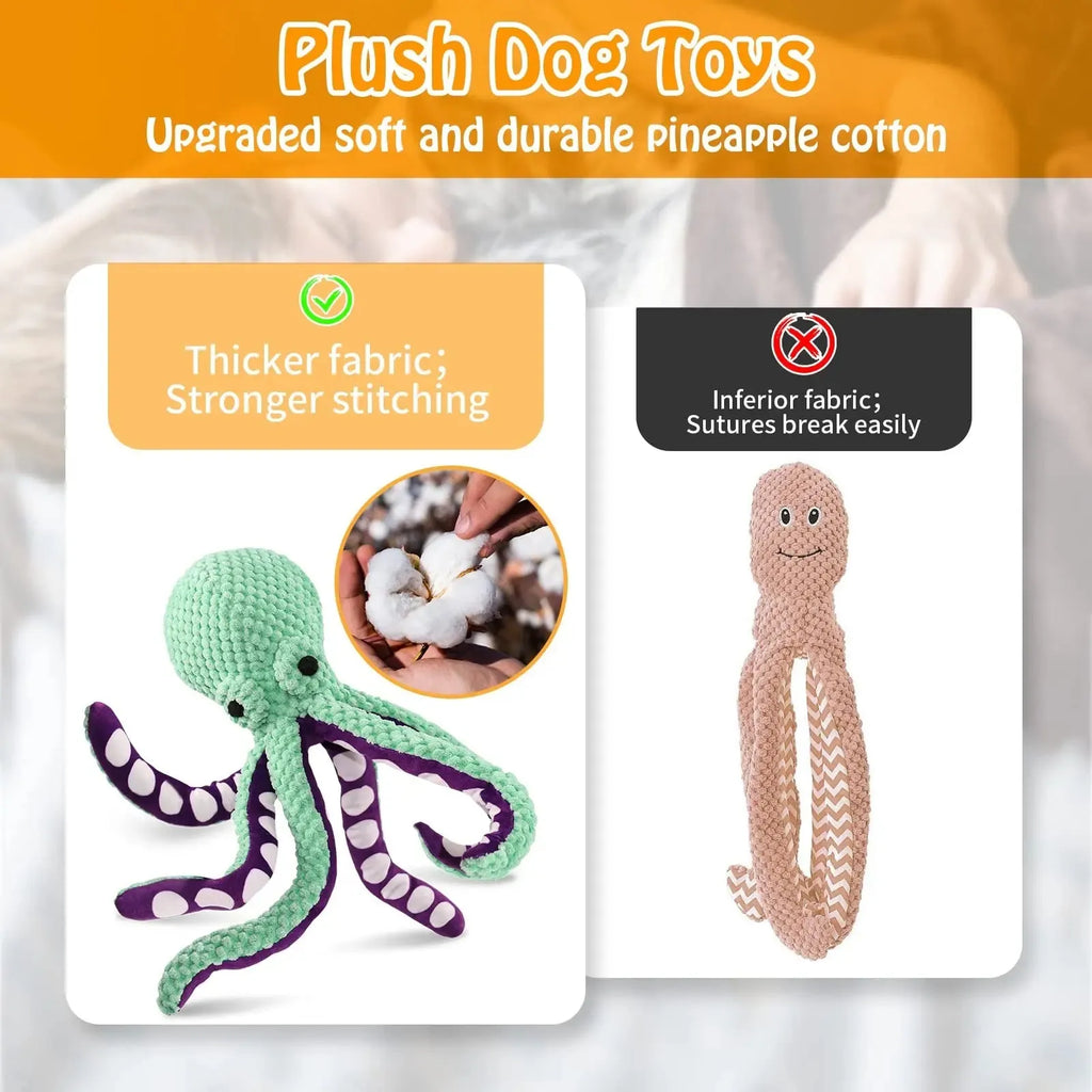 Blue octopus plush dog chew toy with long legs and a squeaker inside.