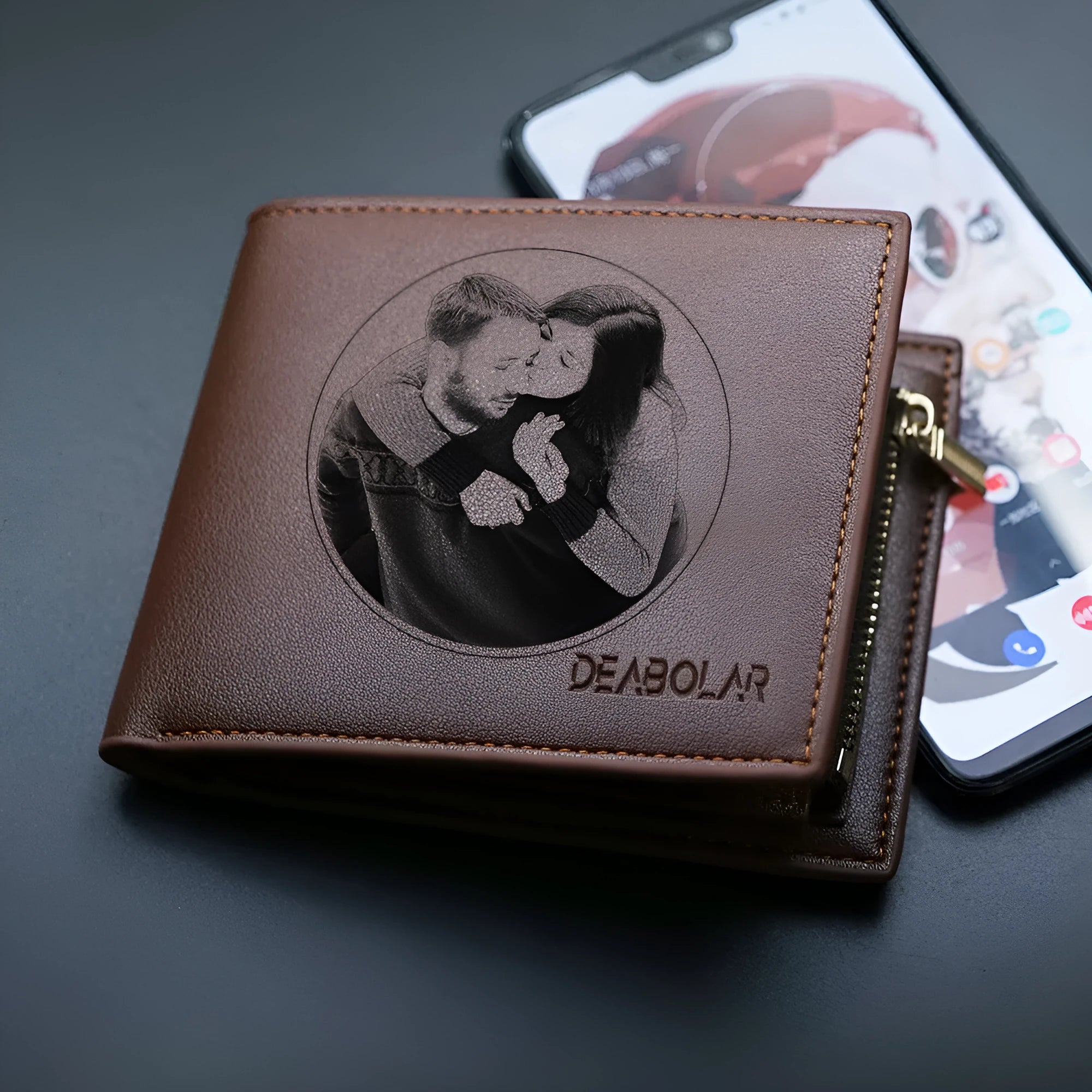 Men's genuine leather zip closure wallet showing card slots and cash compartment.
