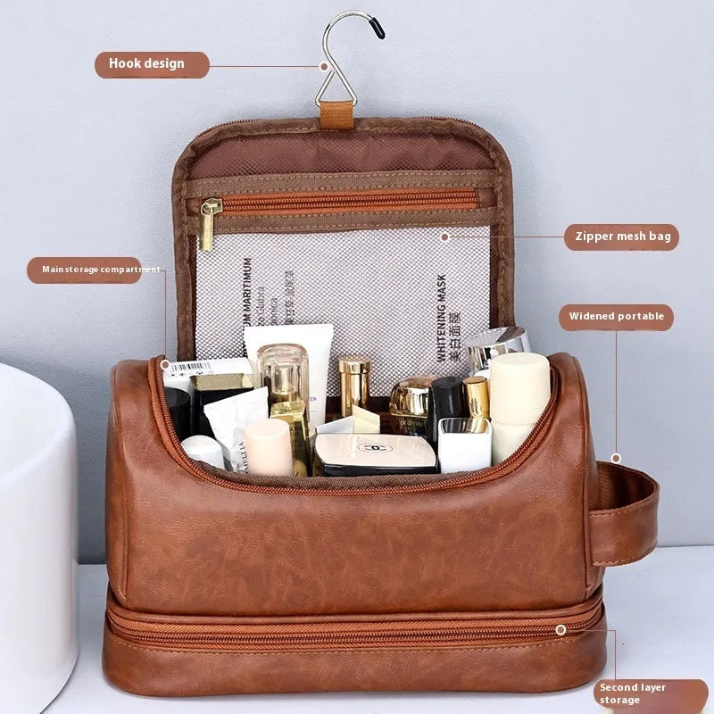 PU leather storage bag with hook in brown, black or dark brown for travel toiletries and cosmetics