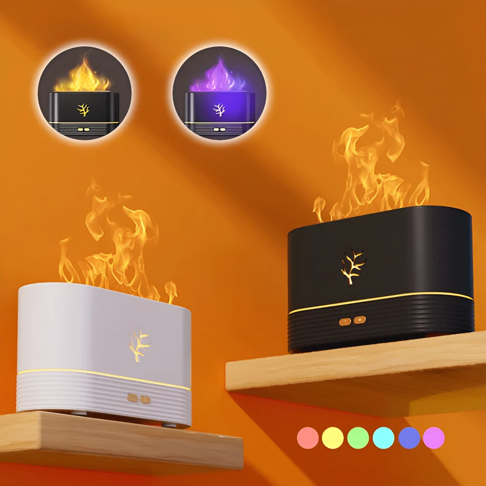 Square black or white USB flame humidifier and aroma diffuser with glowing LED fire effect.