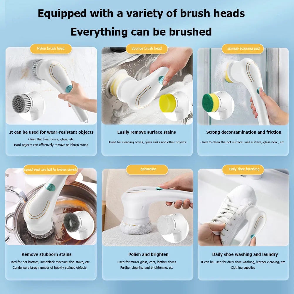 White USB rechargeable cordless electric cleaning brush with five different brush heads on a table.