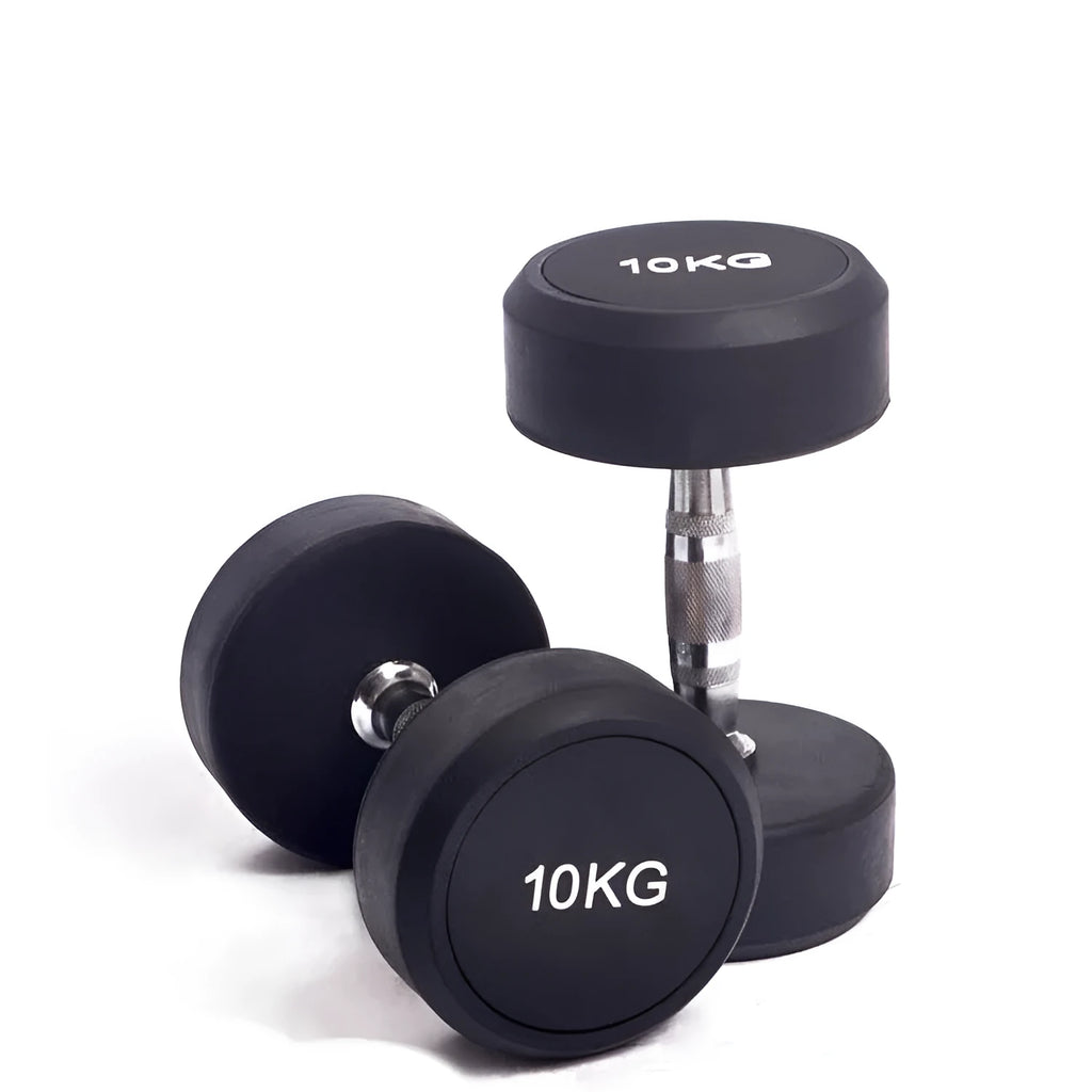 Black cast iron rubberized round head fitness dumbbell on a plain background