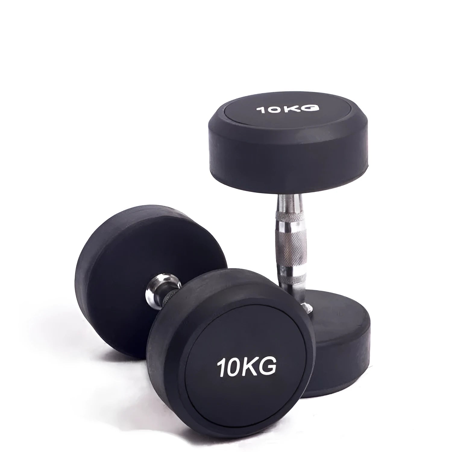 Black cast iron rubberized round head fitness dumbbell on a plain background