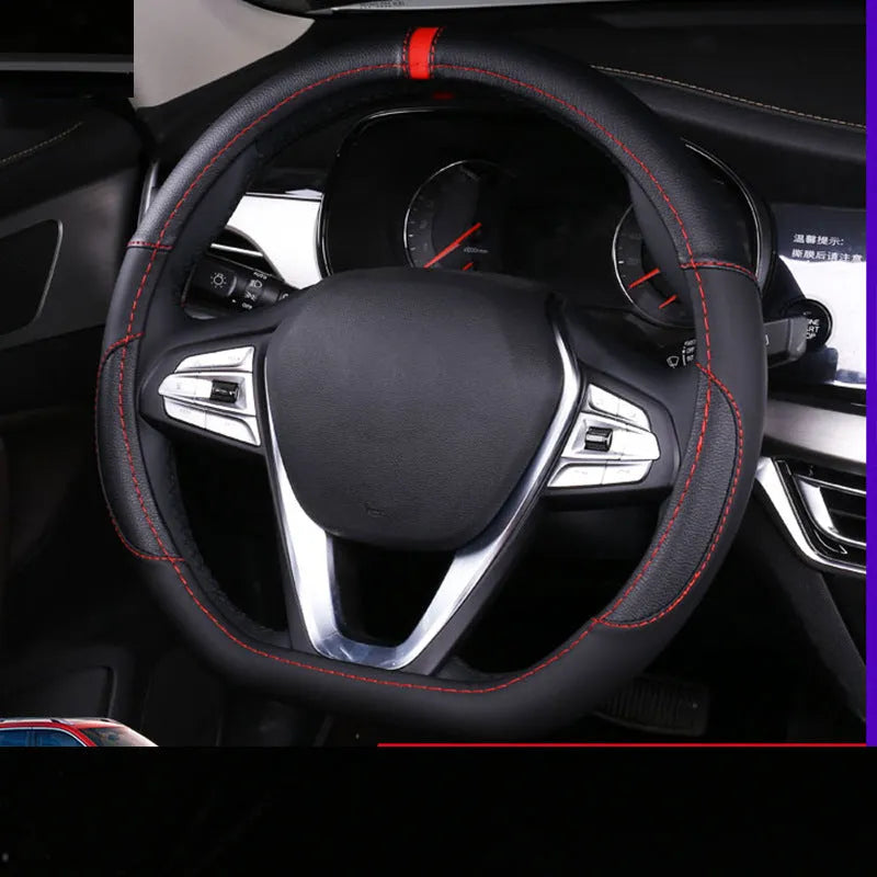 Genuine leather universal steering wheel cover in red, shown on a 38cm car steering wheel.