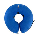 Blue inflatable soft recovery collar for a dog, showing adjustable air valve.