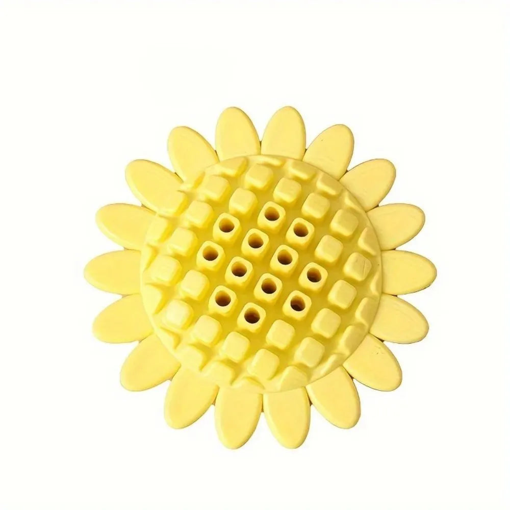 Yellow rubber sunflower-shaped dog chew toy for puppy teething and play