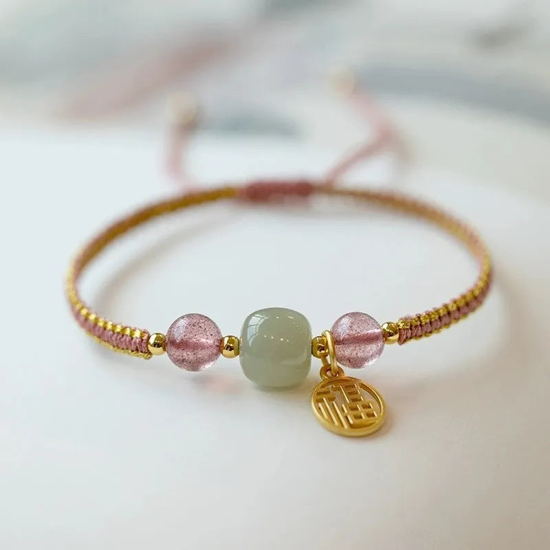 Adjustable red rope bracelet with natural stone beads in national Chinese style