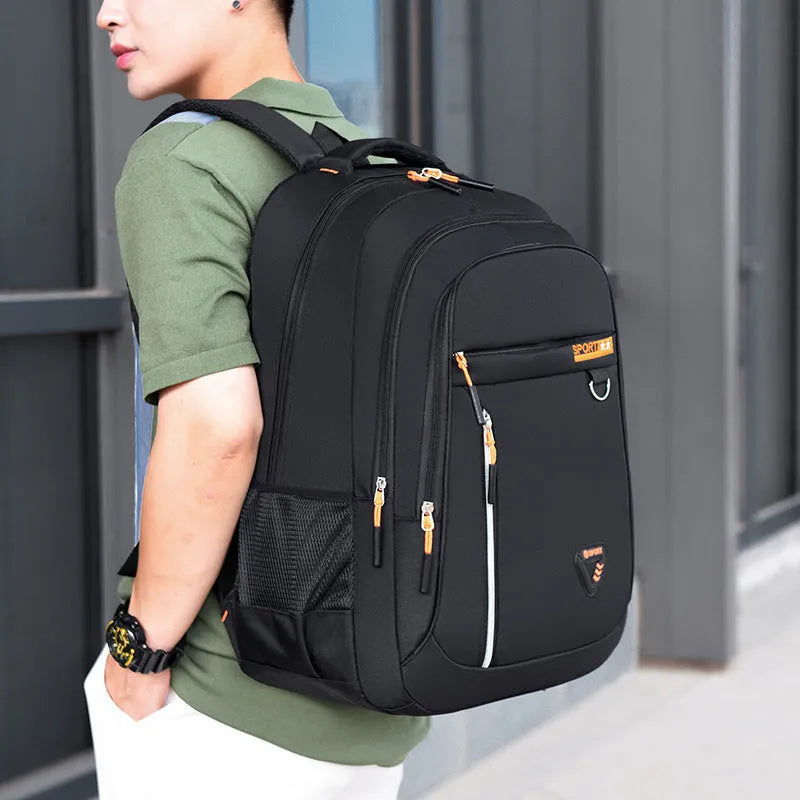 Men's Oxford cloth schoolbag with air pillow belt in multiple colour options showing letter pattern design